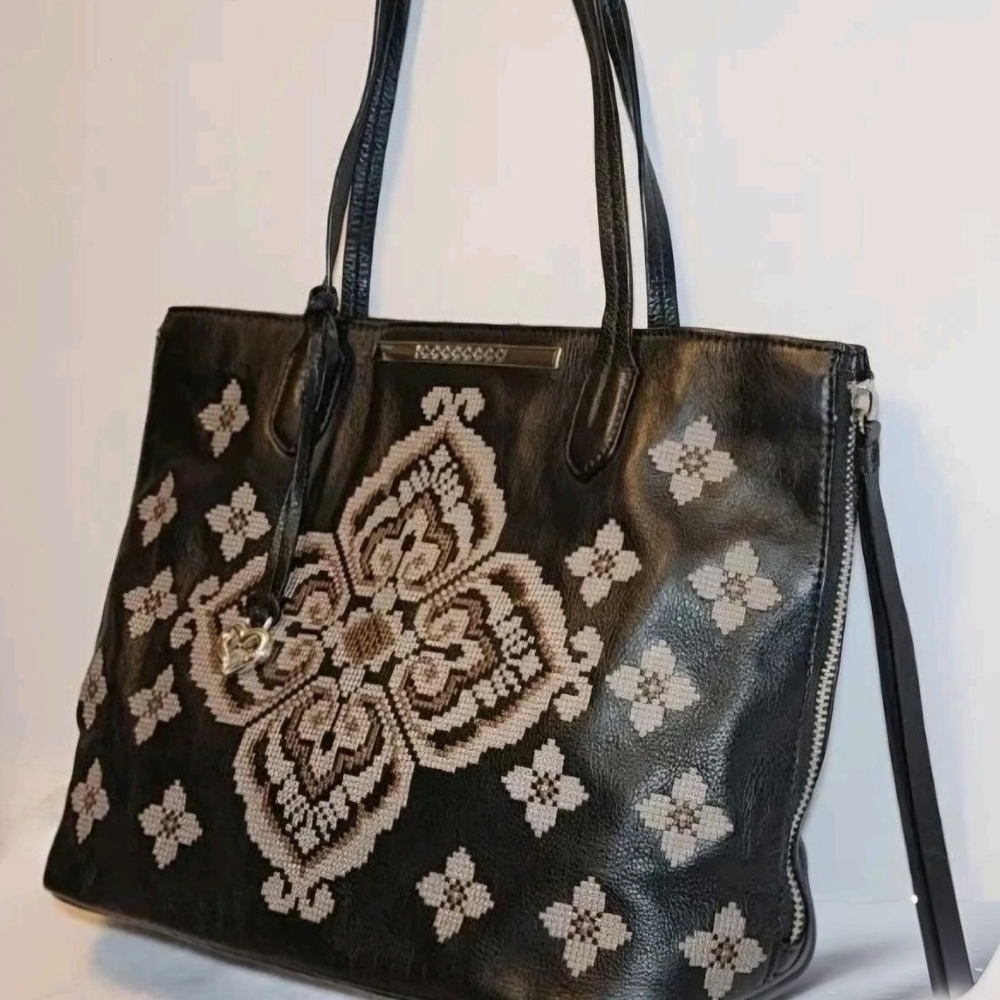 BRIGHTON OSLO COLLECTION ANYA BLACK/ PUTTY Black/Cream Floral Shopper Tote